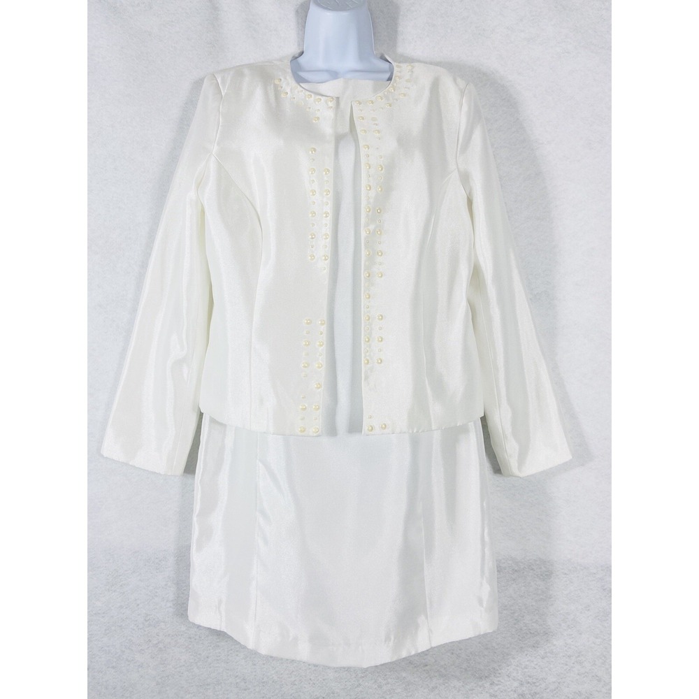 Danillo 2PC Dress Suit Women's 14 White Blazer Open  Long Sleeves Beaded Shiny